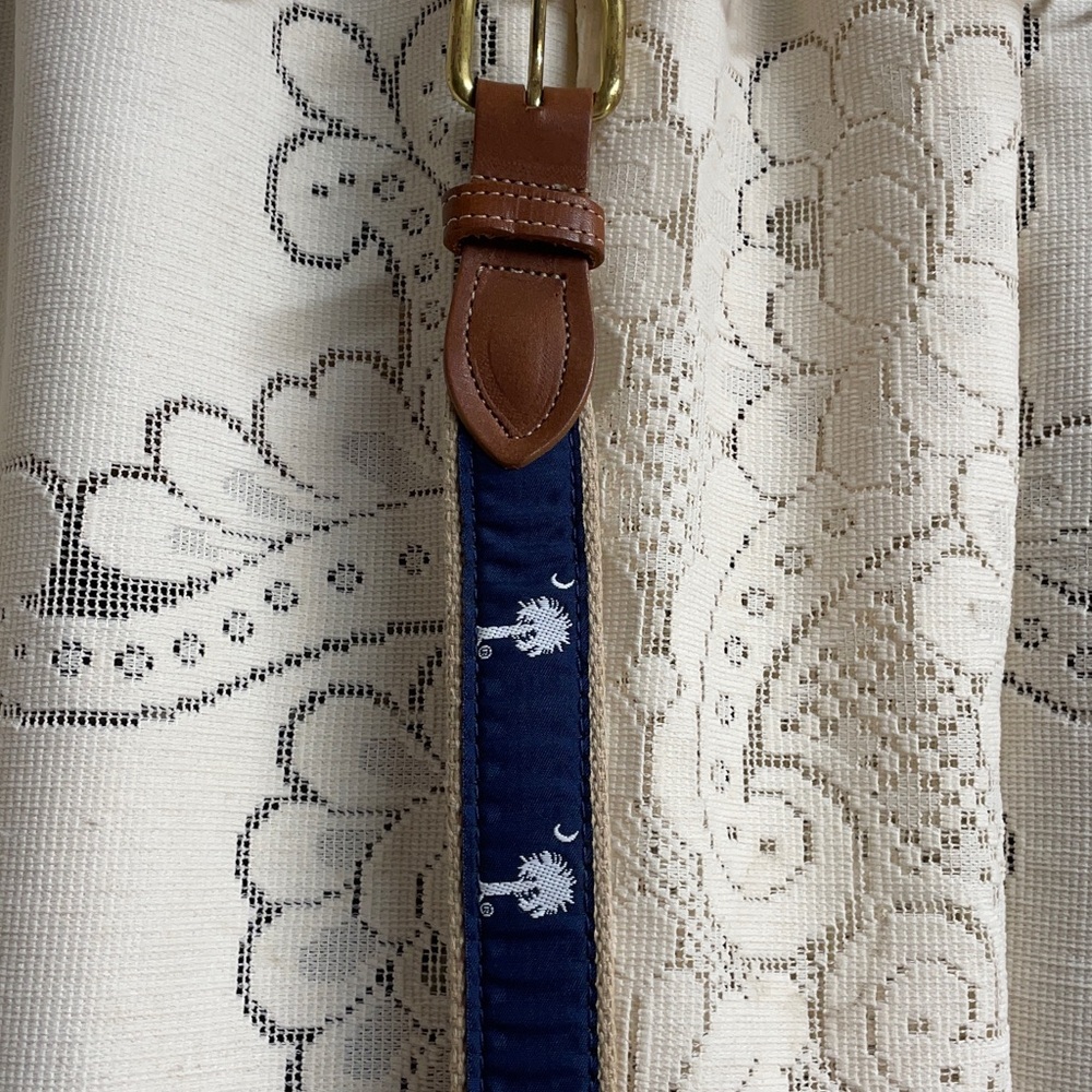 Men's Brown Leather & Navy Embroidered Belt